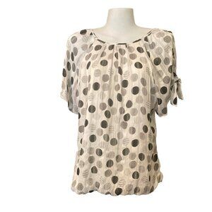 Sara Michelle White Black Polka Dot Blouse Lined Scoop Neck Large Tie Sleeve VGC